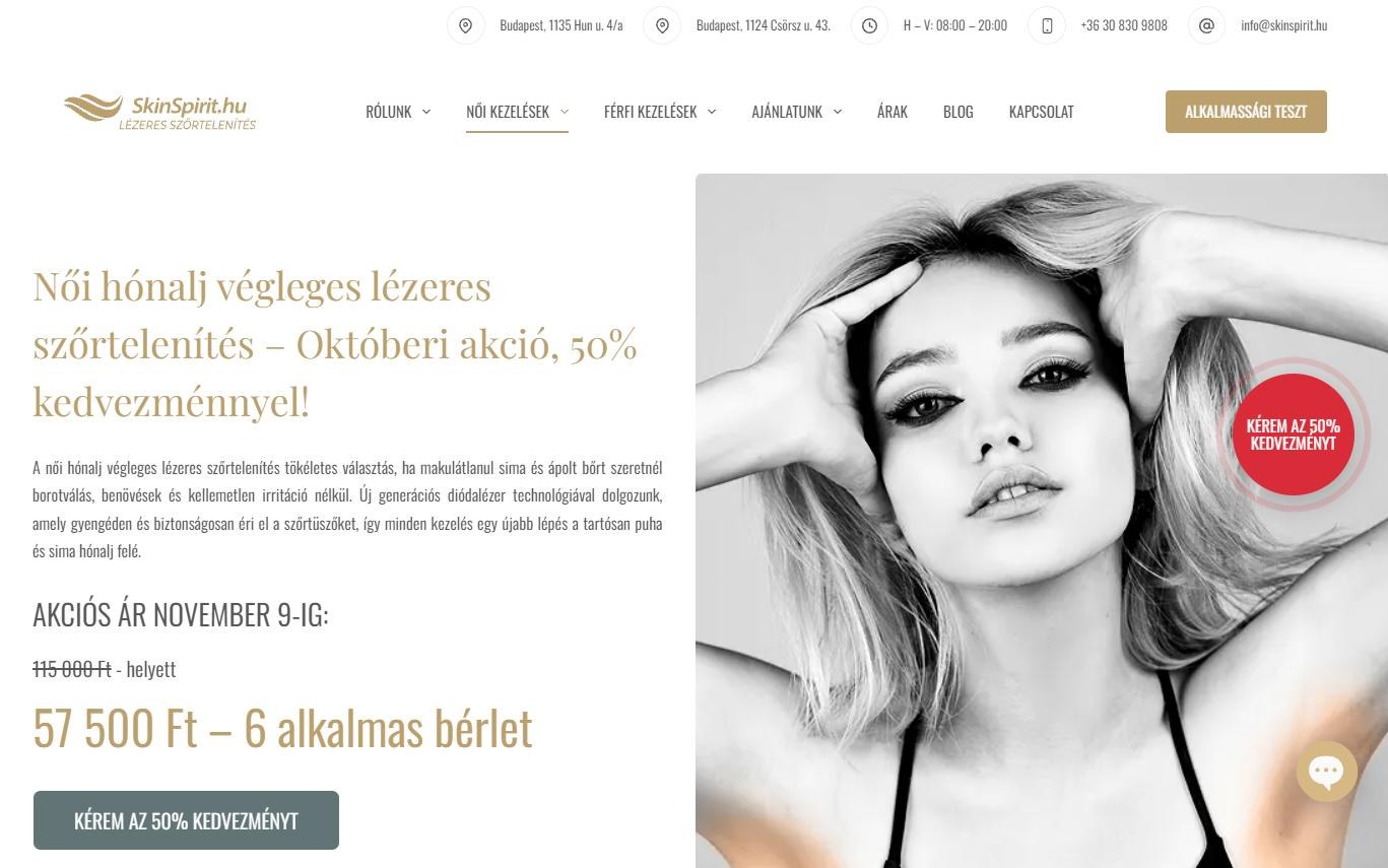 A skinspirit.hu egyik kezelésoldala árral és ajánlatkérő gombbal